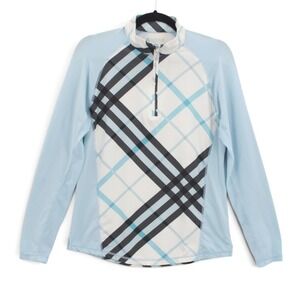 San Soleil Womens Top Medium Blue Plaid Quarter Zip Golf Pullover Long Sleeve